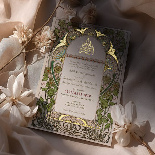 Invitación Con Relieve Metalizado Otoman Turco Verde Salvia Islámico para Bodas