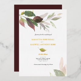 Invitación Con Relieve Metalizado Otoño Cae deja Boda de color de agua de Borgoña