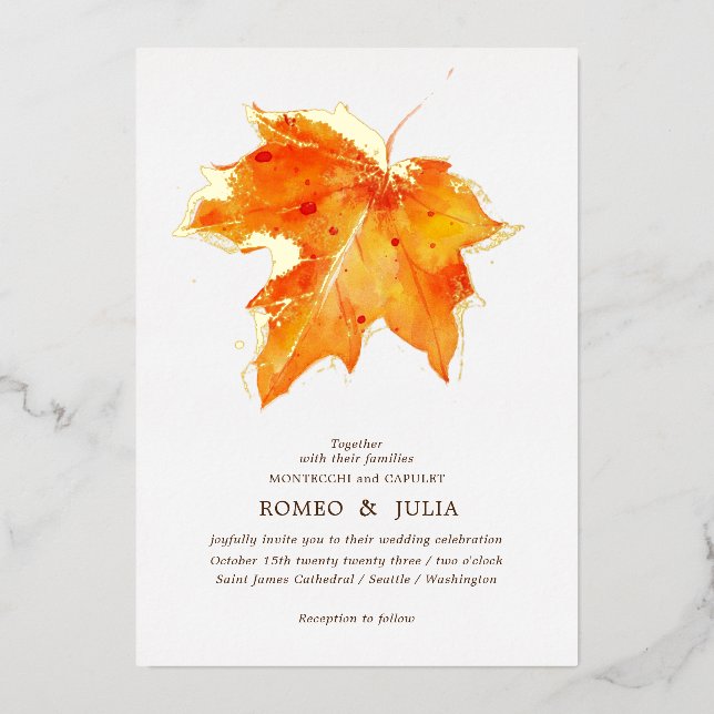 Invitación Con Relieve Metalizado Otoño Cae en el Boda del amor (Anverso)