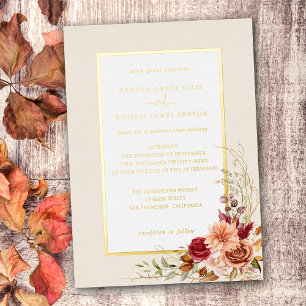 Invitación Con Relieve Metalizado Otoño Dorado Terracota Floral