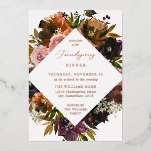 Invitación Con Relieve Metalizado Otoño Floral Amigosgiving Dorado Rústico