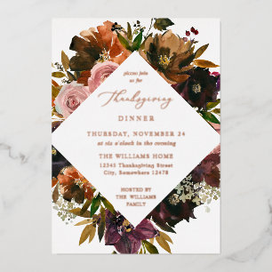 Invitación Con Relieve Metalizado Otoño Floral de Acción de Gracias S2 Dorado Rústic