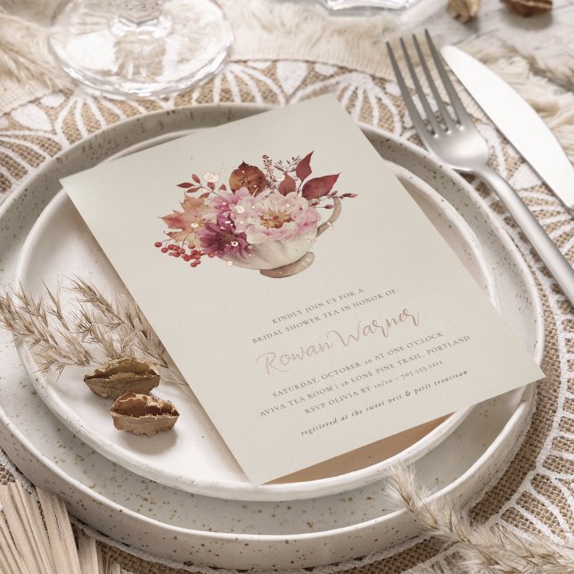 Invitación Con Relieve Metalizado Otoño Floral Teacup Caída Bridal Ducha Té (Subido por el creador)