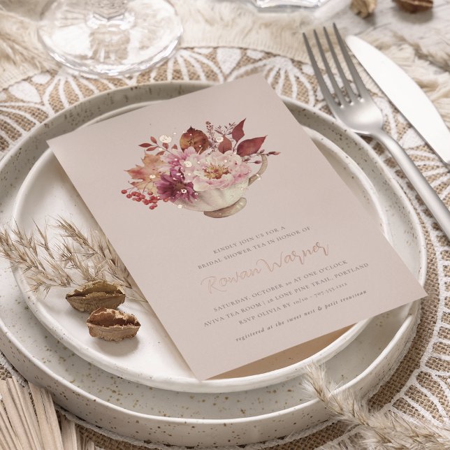 Invitación Con Relieve Metalizado Otoño Floral Teacup Caída Bridal Ducha Té (Subido por el creador)
