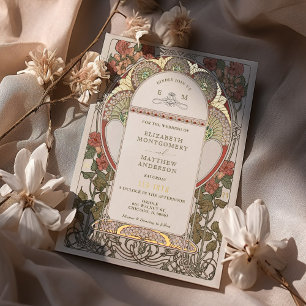 Invitación Con Relieve Metalizado Otoño Naranja Quemado Dorado Arte Nuevo Mucha Boda