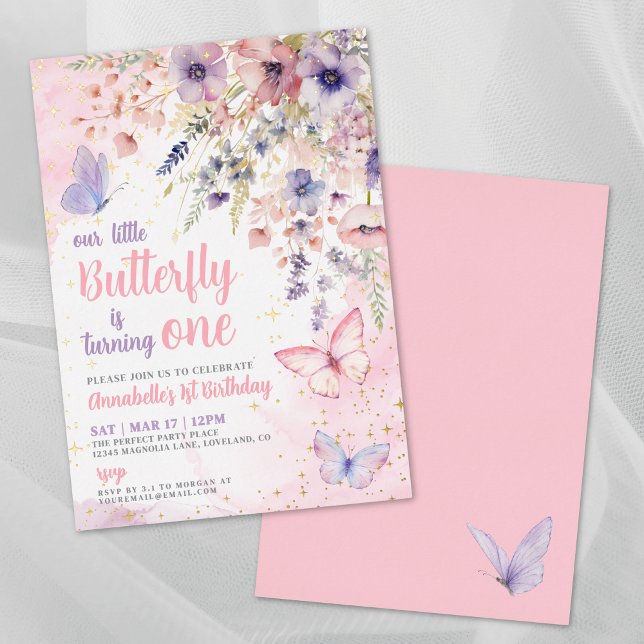 Invitación Con Relieve Metalizado Our Little Butterfly Girl's Birthday Pink Gold (Our Little Butterfly Girl's Birthday Pink Gold Foil Invitation)