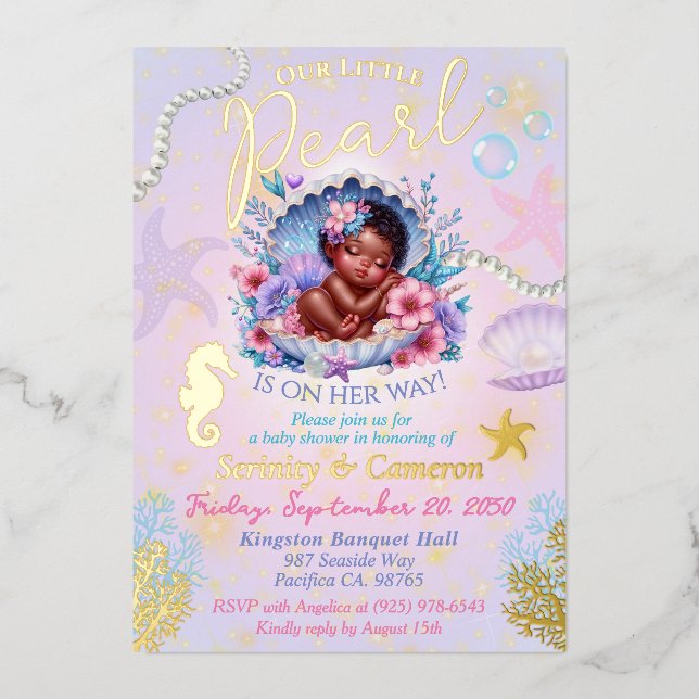 Invitación Con Relieve Metalizado Our little Pearl Baby Girl Seashell Baby Shower (Anverso)