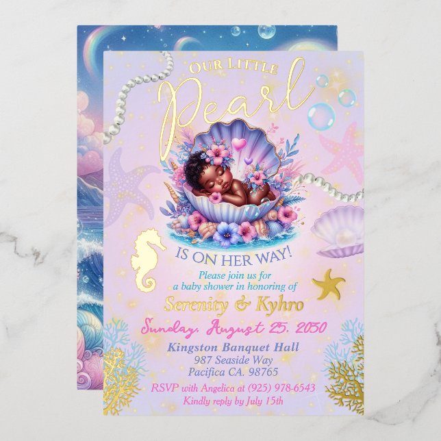 Invitación Con Relieve Metalizado Our little Pearl Pastel Seashell Baby Shower (Anverso/Reverso)