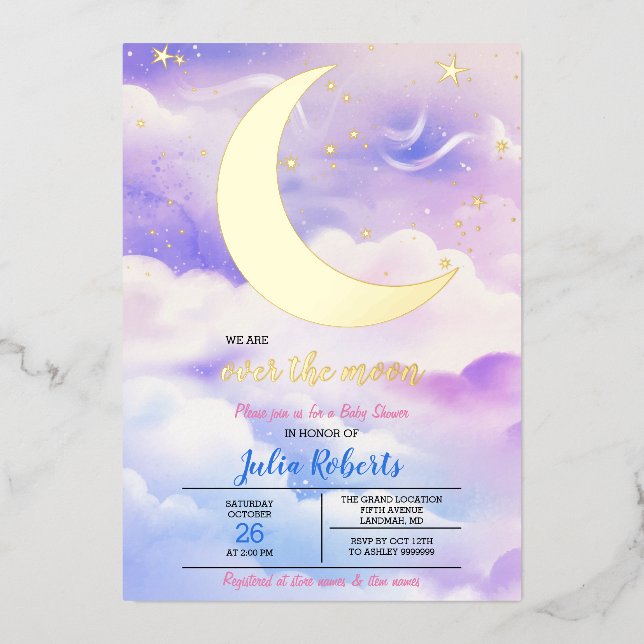 Invitación Con Relieve Metalizado Over The Moon Baby Shower (Anverso)