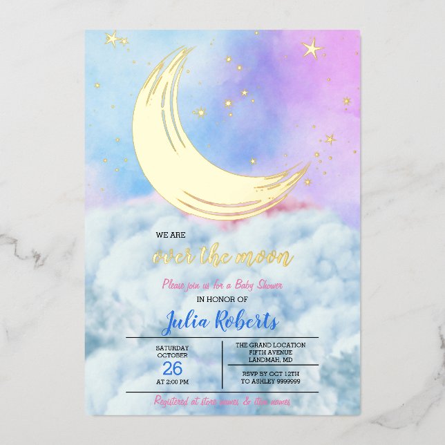 Invitación Con Relieve Metalizado Over The Moon Baby Shower (Anverso)