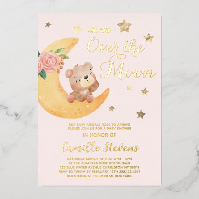 Invitación Con Relieve Metalizado Over the Moon Bear Rubor Baby Shower Chica (Anverso)