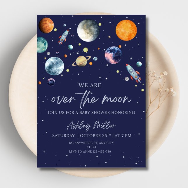 Invitación Con Relieve Metalizado Over The Moon Boy Baby Shower Invite, Outer Space (Subido por el creador)