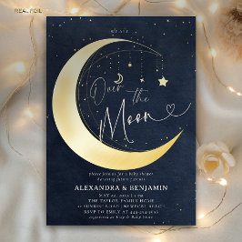 Invitación Con Relieve Metalizado Over the Moon Starry Night Coed Baby Boy Shower