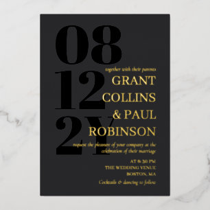 Invitación Con Relieve Metalizado Padres hospedan a Boda de tipografía de oro y negr