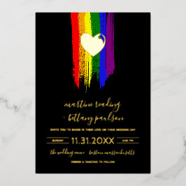 Invitación Con Relieve Metalizado Paint Strokes Pride Flag y Gold Heart Boda