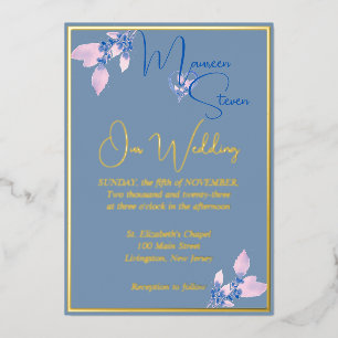Invitación Con Relieve Metalizado País floral Boda azul oro