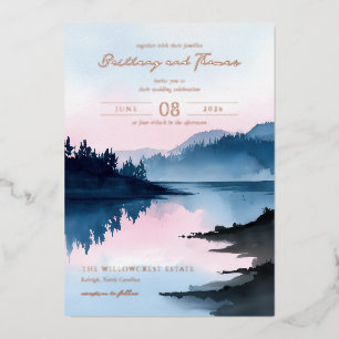 Invitación Con Relieve Metalizado Paisaje Acuarela Azul Tranquilo