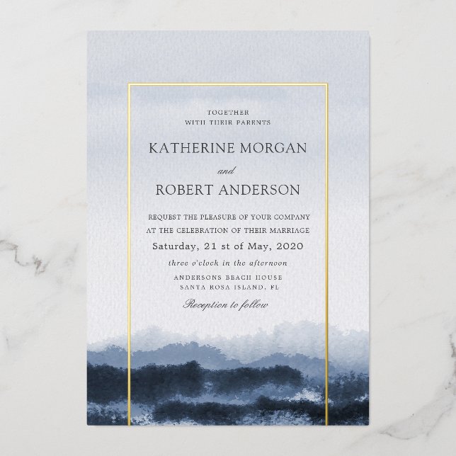 Invitación Con Relieve Metalizado Paisaje azul acuático (Anverso)