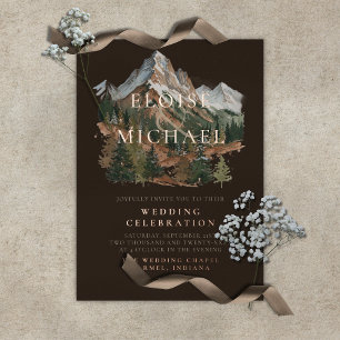 Invitación Con Relieve Metalizado Paisaje de Montaña Nevada Rústica Boda Acuarela