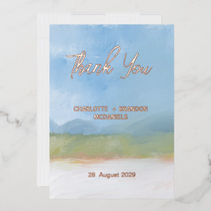 Invitación Con Relieve Metalizado Paisaje pintado con cielo azul agradecimiento de b