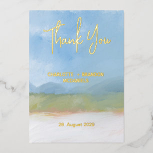 Invitación Con Relieve Metalizado Paisaje pintado con cielo azul agradecimiento de b