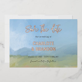 Invitación Con Relieve Metalizado Paisaje pintado de cielo azul Boda Guardar la fech