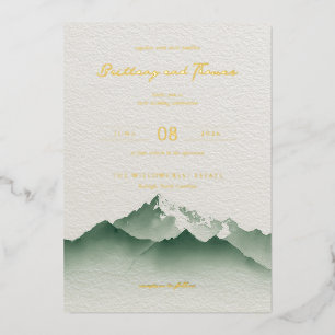 Invitación Con Relieve Metalizado Paisaje sofisticado de la Montaña Verde