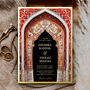 Invitación Con Relieve Metalizado Palacio Real Indio Arco Negro Boda Dorada