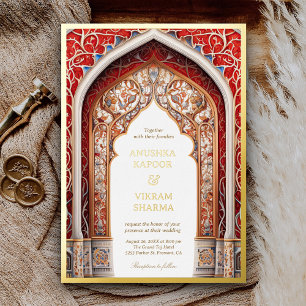 Invitación Con Relieve Metalizado Palacio Real Indio Arco Rojo Boda Dorado