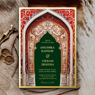 Invitación Con Relieve Metalizado Palacio Real Indio Arco Rojo Boda Verde Oro