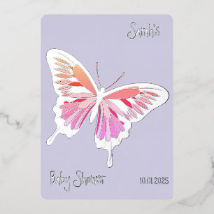 Invitación Con Relieve Metalizado Paleta Dulce de Mariposa Baby Shower plateada