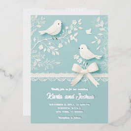 Invitación Con Relieve Metalizado Pálido Verde azulado de encaje romántico y Boda de