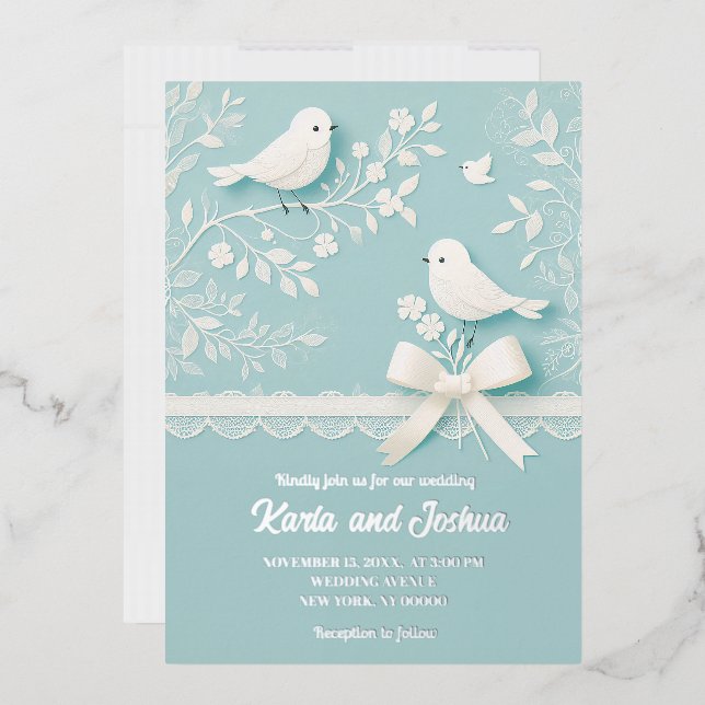 Invitación Con Relieve Metalizado Pálido Verde azulado de encaje romántico y Boda de (Sobre)