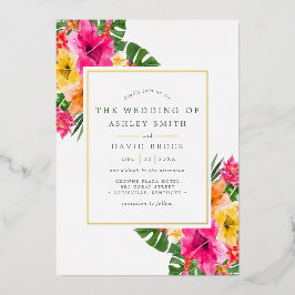 Invitación Con Relieve Metalizado Palm Floral Tropical Hibiscus Boda