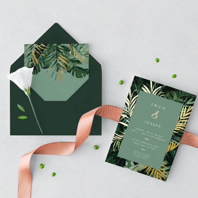 Invitación Con Relieve Metalizado Palm hojas tropicales modernas Boda verde polvorie (Subido por el creador)
