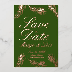 Invitación Con Relieve Metalizado Palm Leaf Save the Date Green Gold Pressed