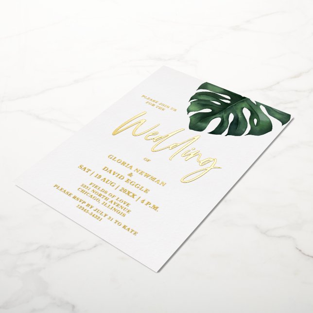 Invitación Con Relieve Metalizado Palm Leaf Tropical Monstera Boda Gold (girado)