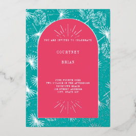 Invitación Con Relieve Metalizado Palm Leaves rosa + Blue Beach Wedding