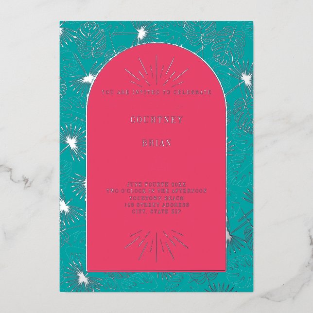 Invitación Con Relieve Metalizado Palm Leaves rosa + Blue Beach Wedding (Anverso)