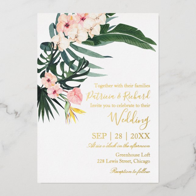 Invitación Con Relieve Metalizado Palm Sale de Hibiscus Destino Tropical (Anverso)