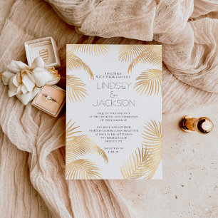 Invitación Con Relieve Metalizado Palm Tree Tropical Playa Minimalista Boda de oro