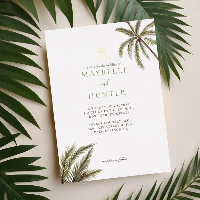 Invitación Con Relieve Metalizado Palm Trees acuarelas tropicales Foto Boda Boho (Tropical Watercolor Palm Trees Boho Wedding Photo Foil Invitation)