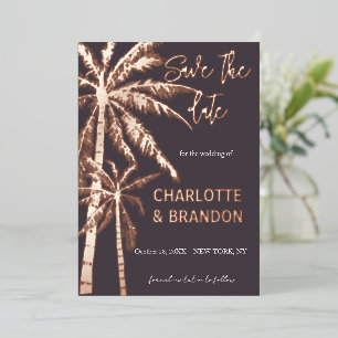 Invitación Con Relieve Metalizado Palm Trees Beach Wedding Rosa Gold