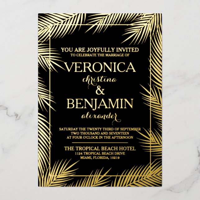 Invitación Con Relieve Metalizado Palm Tropical Sale Boda Playa Real (Anverso)