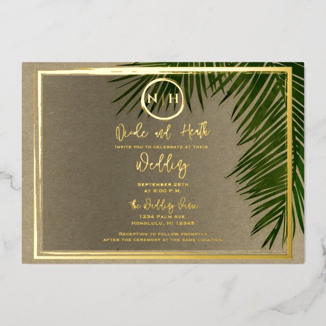 Invitación Con Relieve Metalizado Palm Verde deja a Kraft Boda Tropical oro (Anverso)