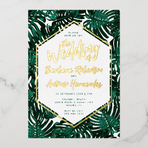 Invitación Con Relieve Metalizado Palm Verde Tropical Sale Boda Playa
