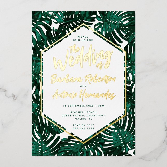 Invitación Con Relieve Metalizado Palm Verde Tropical Sale Boda Playa (Anverso)