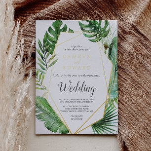 Invitación Con Relieve Metalizado Palma Tropical Salvaje Boda Geométrica con Hoja