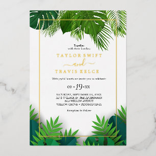 Invitación Con Relieve Metalizado Palma Tropical Salvaje   Boda Hexágono con Hoja de