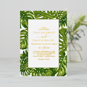 Invitación Con Relieve Metalizado Palma Tropical Salvaje Boda Hexágono con Hoja de